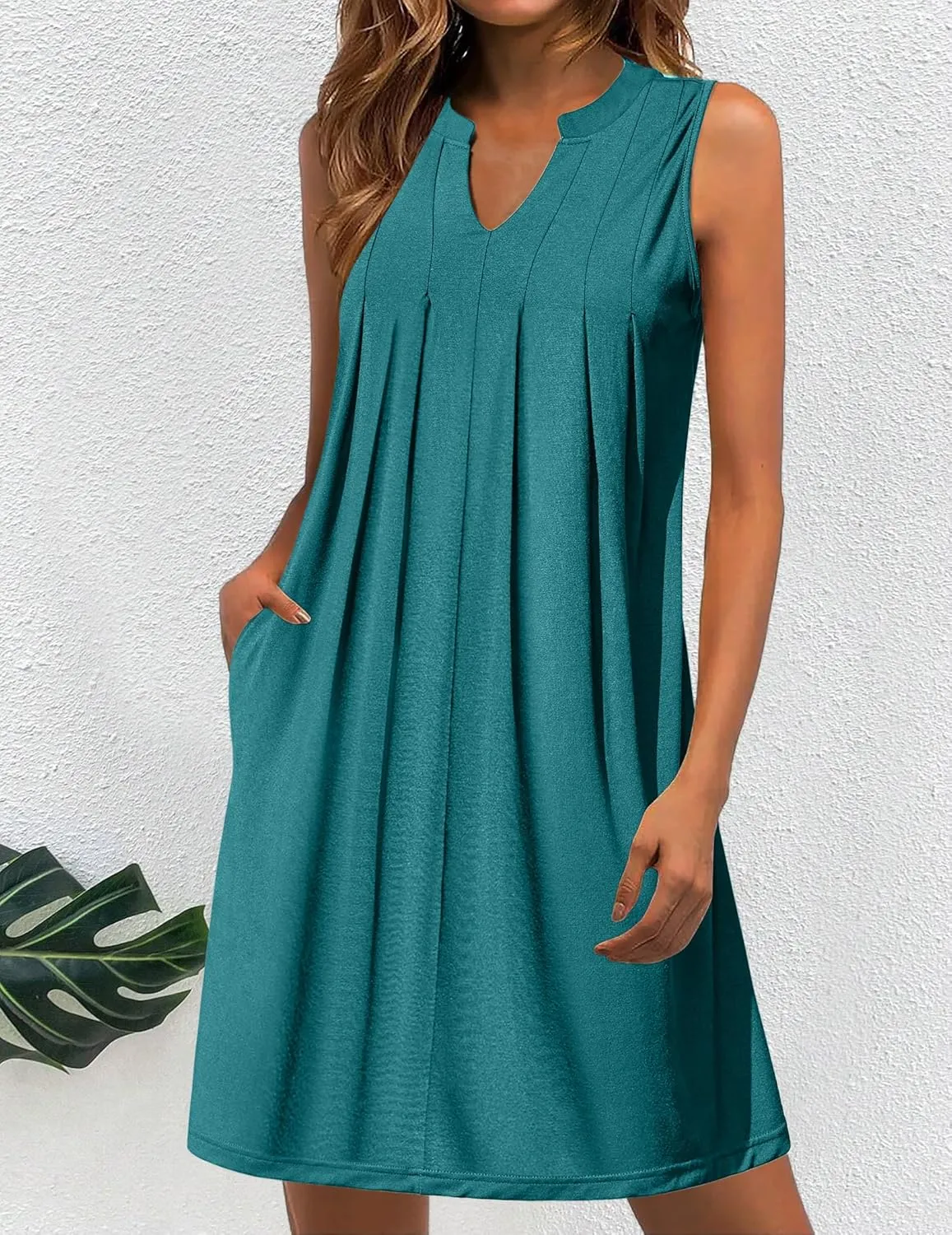 HOTOUCH Women Casual A-Line Dress with Pockets 2024 Sleeveless V Neck Pleated Sundress Loose T-Shirt Work Office Dresses
