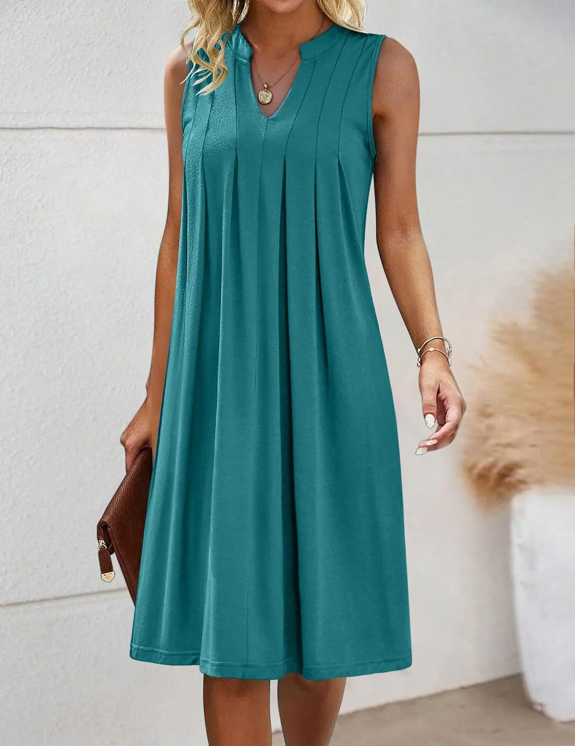 HOTOUCH Women Casual A-Line Dress with Pockets 2024 Sleeveless V Neck Pleated Sundress Loose T-Shirt Work Office Dresses