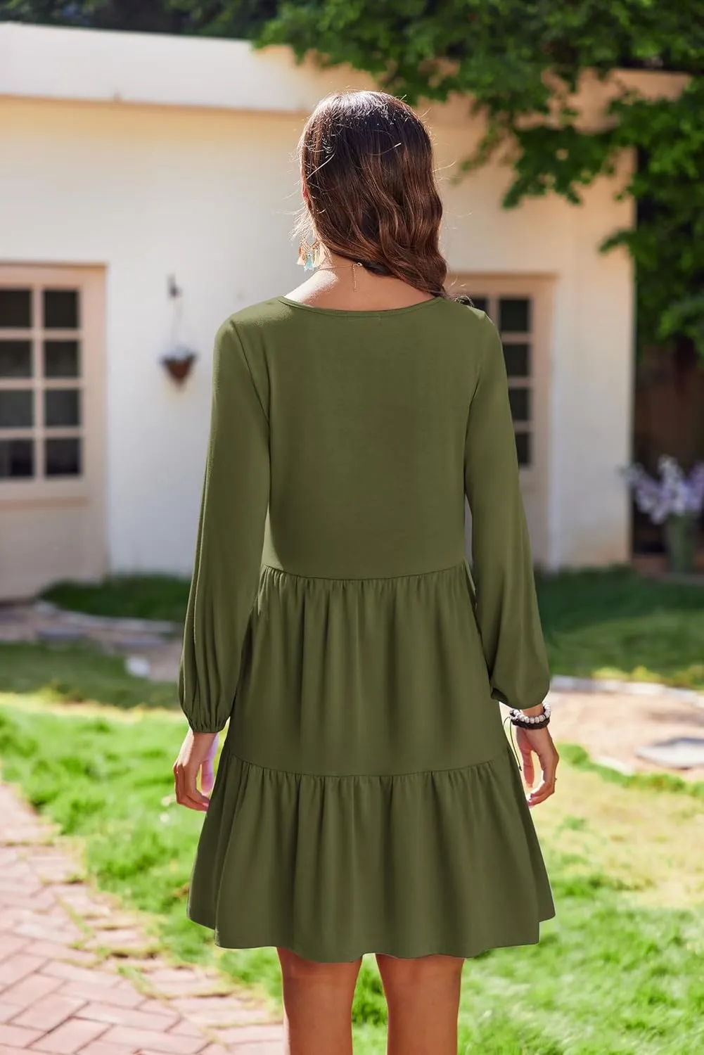 HOTOUCH Women Casual Tunic Dress V Neck Tiered Dress Long Sleeve Fit Swing Shift Dress with Pockets Loose Ruffled Dresses