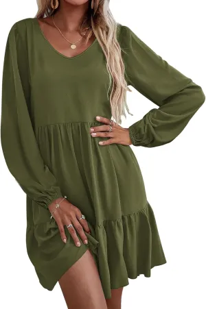 HOTOUCH Women Casual Tunic Dress V Neck Tiered Dress Long Sleeve Fit Swing Shift Dress with Pockets Loose Ruffled Dresses