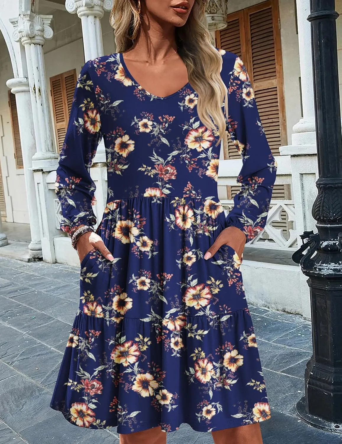HOTOUCH Women Casual Tunic Dress V Neck Tiered Dress Long Sleeve Fit Swing Shift Dress with Pockets Loose Ruffled Dresses