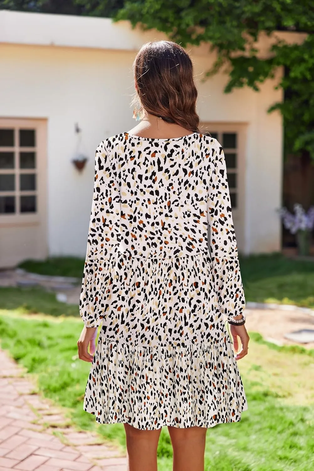 HOTOUCH Women Casual Tunic Dress V Neck Tiered Dress Long Sleeve Fit Swing Shift Dress with Pockets Loose Ruffled Dresses
