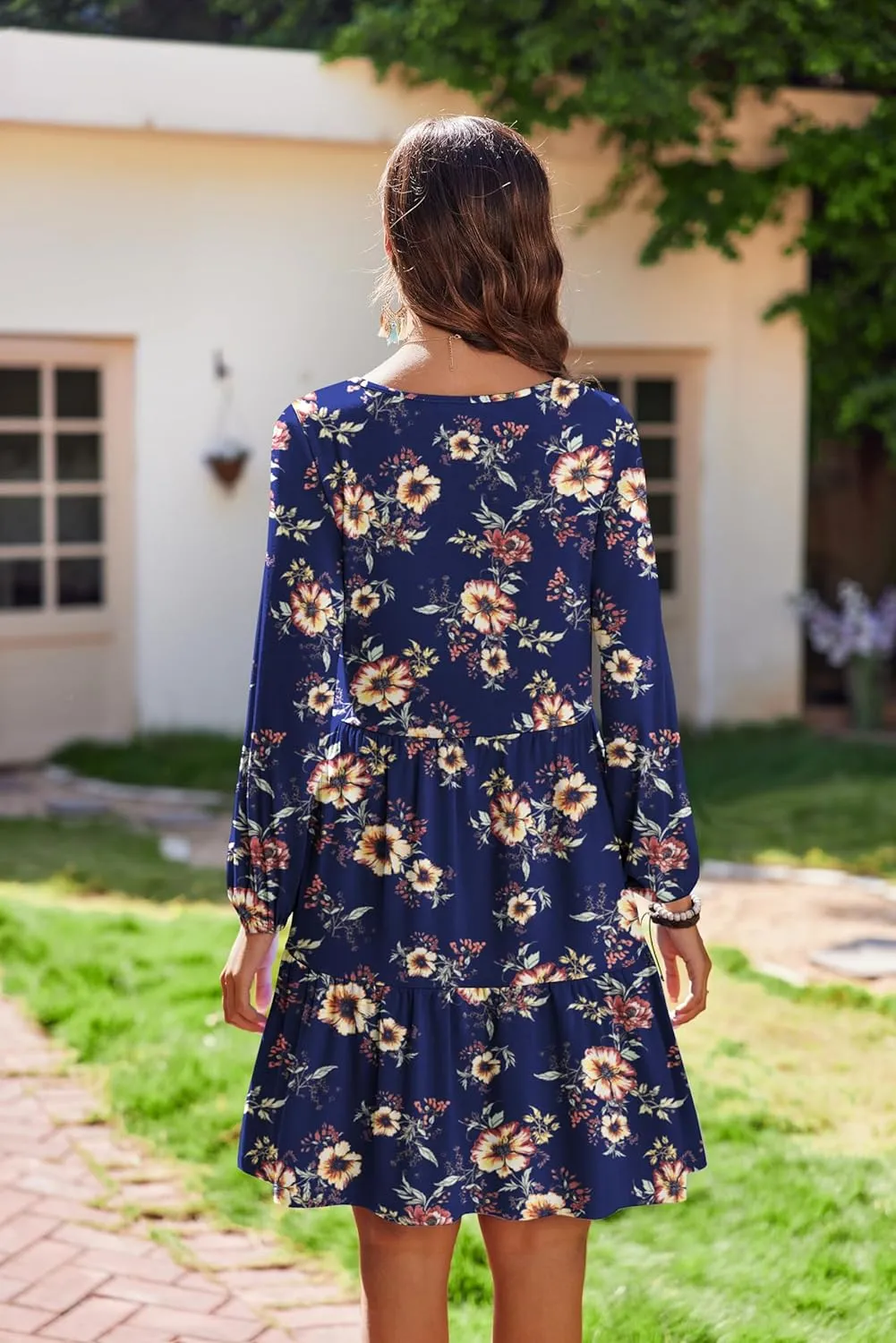 HOTOUCH Women Casual Tunic Dress V Neck Tiered Dress Long Sleeve Fit Swing Shift Dress with Pockets Loose Ruffled Dresses