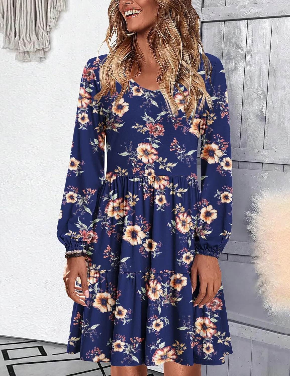 HOTOUCH Women Casual Tunic Dress V Neck Tiered Dress Long Sleeve Fit Swing Shift Dress with Pockets Loose Ruffled Dresses