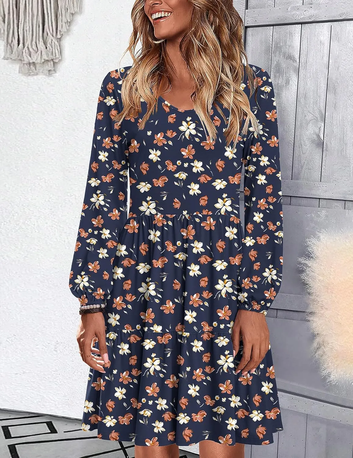 HOTOUCH Women Casual Tunic Dress V Neck Tiered Dress Long Sleeve Fit Swing Shift Dress with Pockets Loose Ruffled Dresses