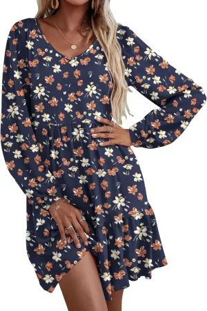 HOTOUCH Women Casual Tunic Dress V Neck Tiered Dress Long Sleeve Fit Swing Shift Dress with Pockets Loose Ruffled Dresses