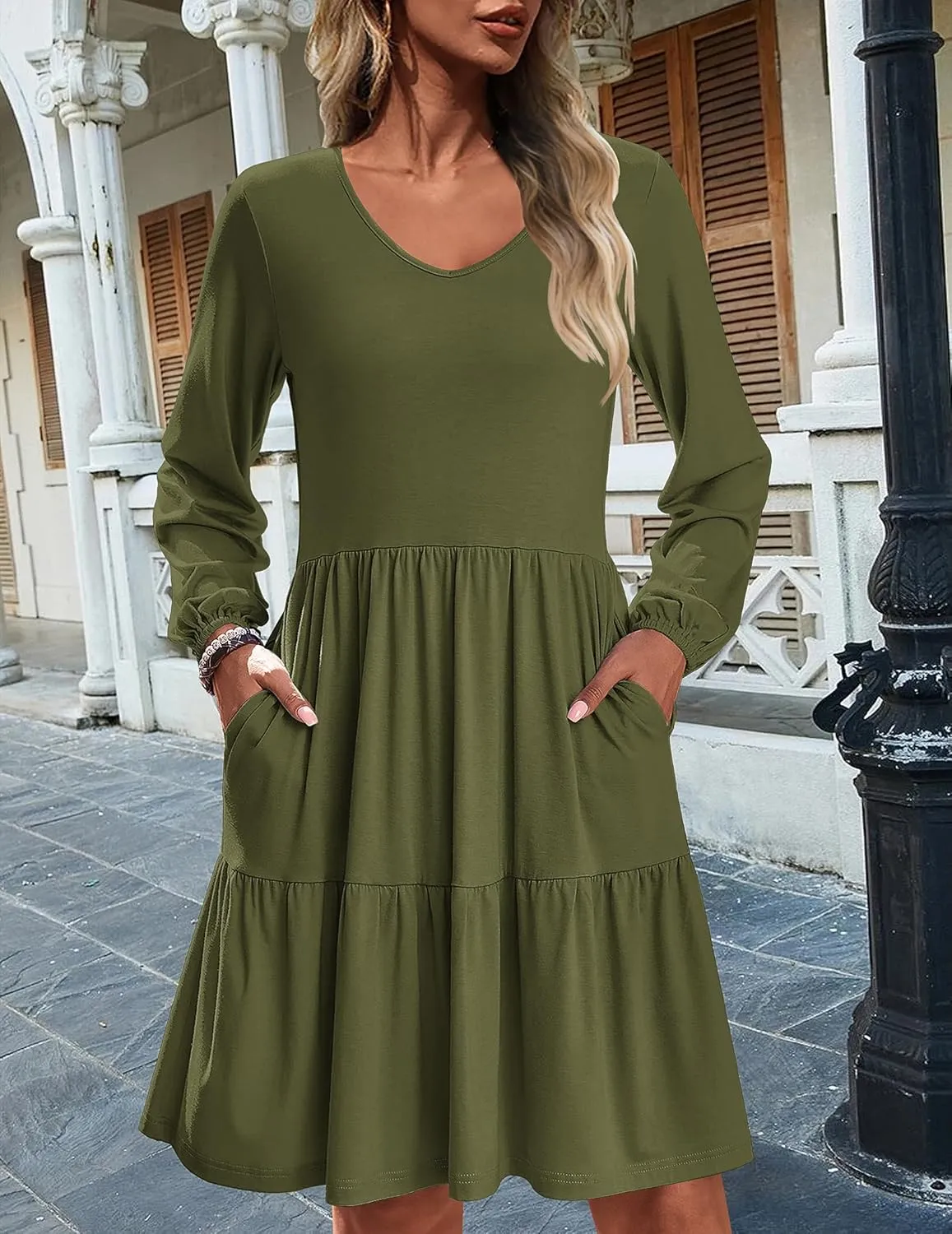 HOTOUCH Women Casual Tunic Dress V Neck Tiered Dress Long Sleeve Fit Swing Shift Dress with Pockets Loose Ruffled Dresses
