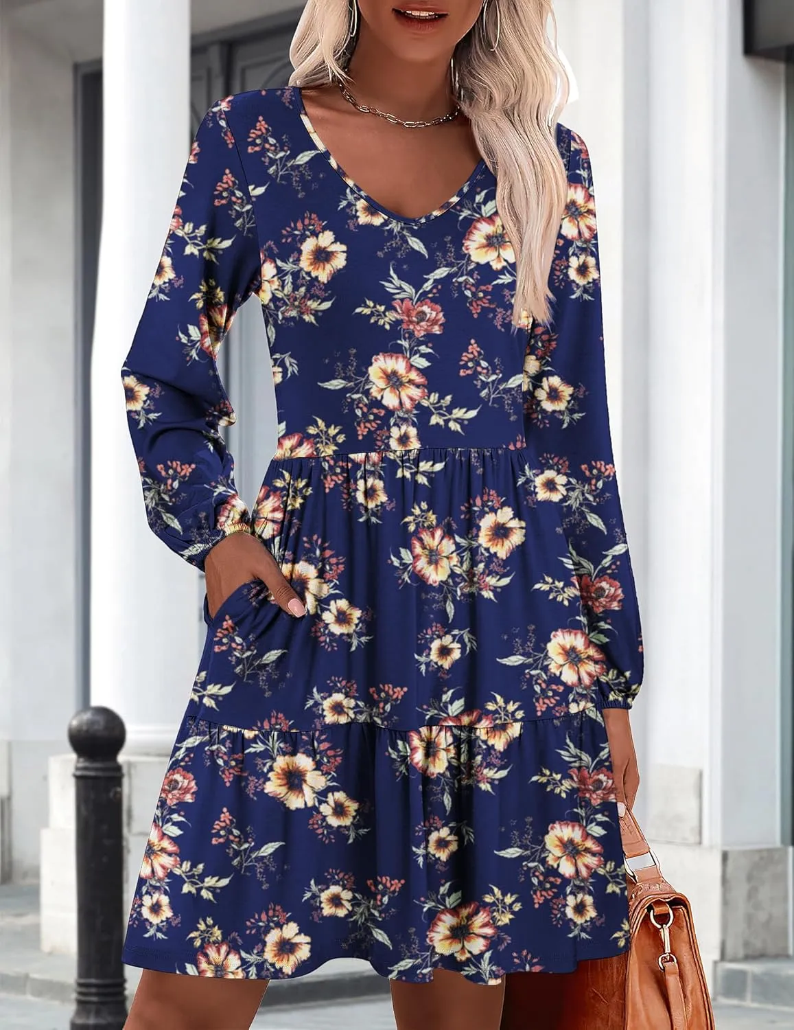 HOTOUCH Women Casual Tunic Dress V Neck Tiered Dress Long Sleeve Fit Swing Shift Dress with Pockets Loose Ruffled Dresses