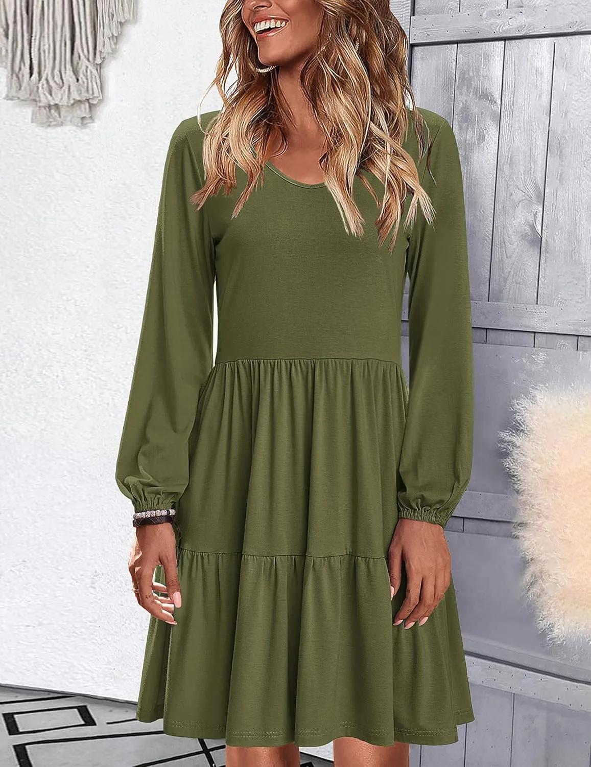 HOTOUCH Women Casual Tunic Dress V Neck Tiered Dress Long Sleeve Fit Swing Shift Dress with Pockets Loose Ruffled Dresses