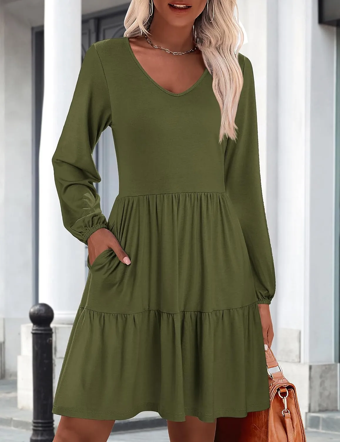 HOTOUCH Women Casual Tunic Dress V Neck Tiered Dress Long Sleeve Fit Swing Shift Dress with Pockets Loose Ruffled Dresses