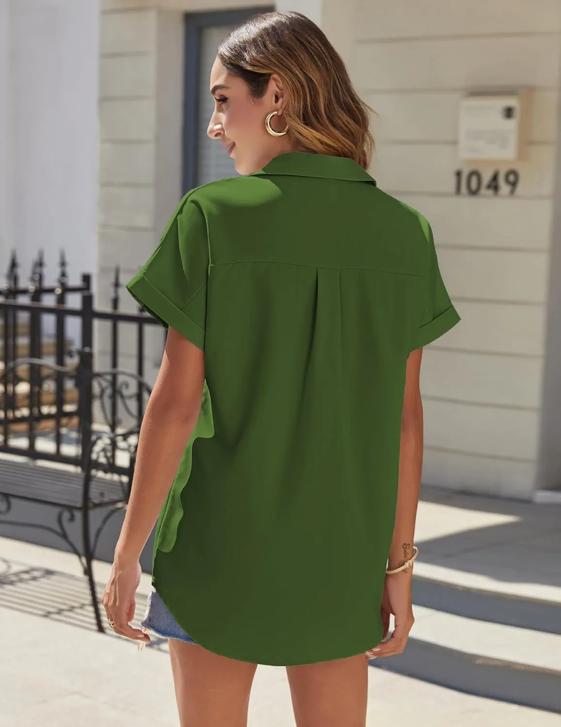 HOTOUCH Women Waterproof Button Down Shirt Solid Work Business Blouse Stain-Resistant Short Sleeve Tops