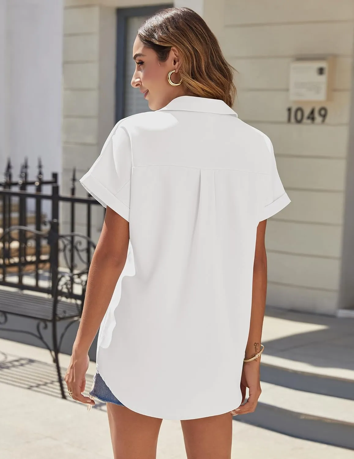 HOTOUCH Women Waterproof Button Down Shirt Solid Work Business Blouse Stain-Resistant Short Sleeve Tops