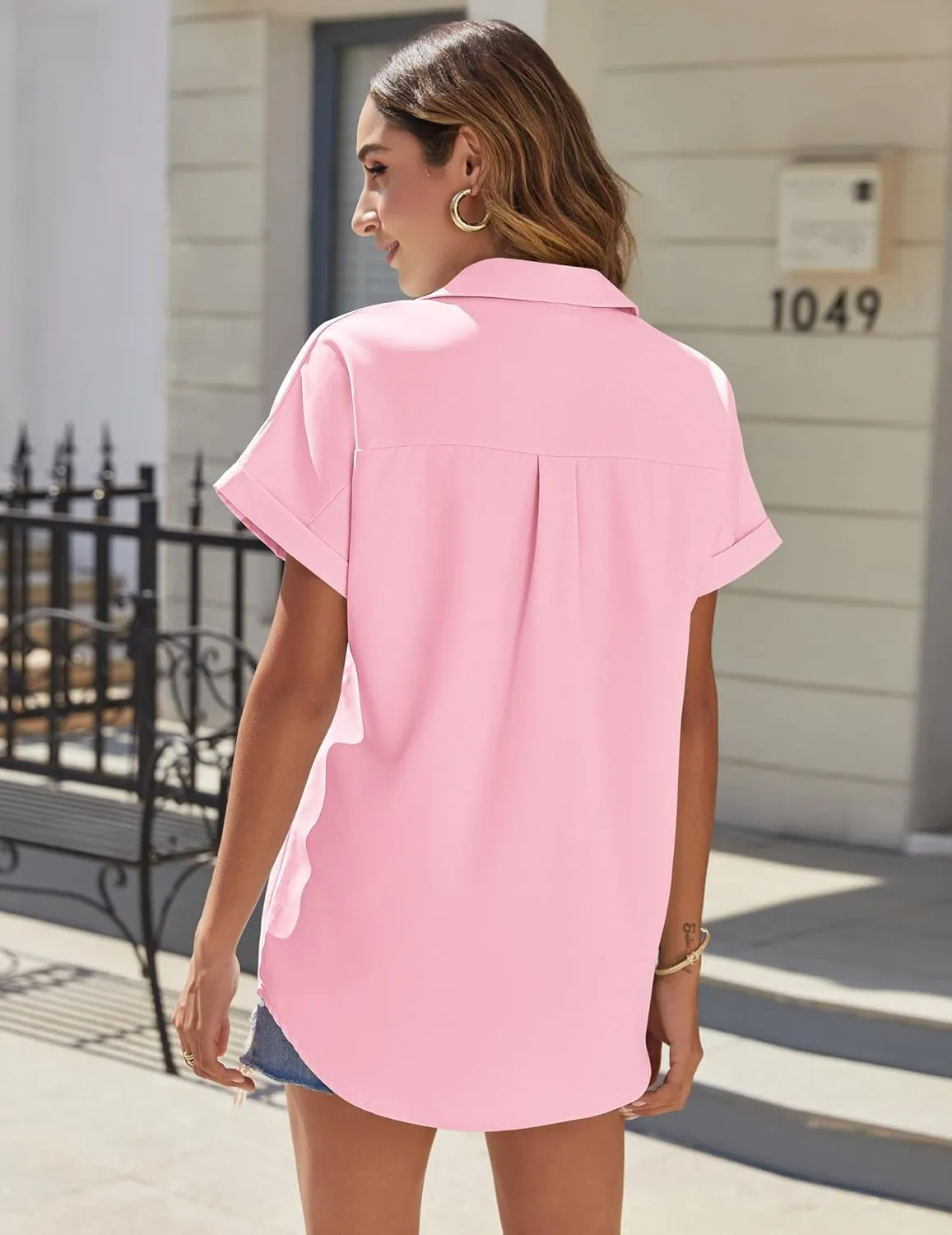 HOTOUCH Women Waterproof Button Down Shirt Solid Work Business Blouse Stain-Resistant Short Sleeve Tops