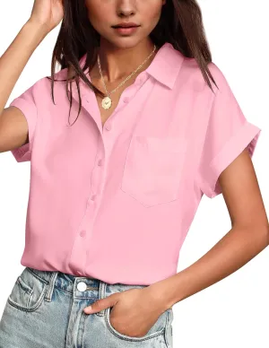 HOTOUCH Women Waterproof Button Down Shirt Solid Work Business Blouse Stain-Resistant Short Sleeve Tops