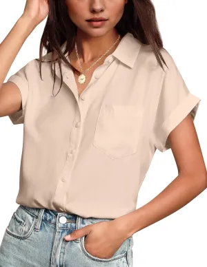 HOTOUCH Women Waterproof Button Down Shirt Solid Work Business Blouse Stain-Resistant Short Sleeve Tops