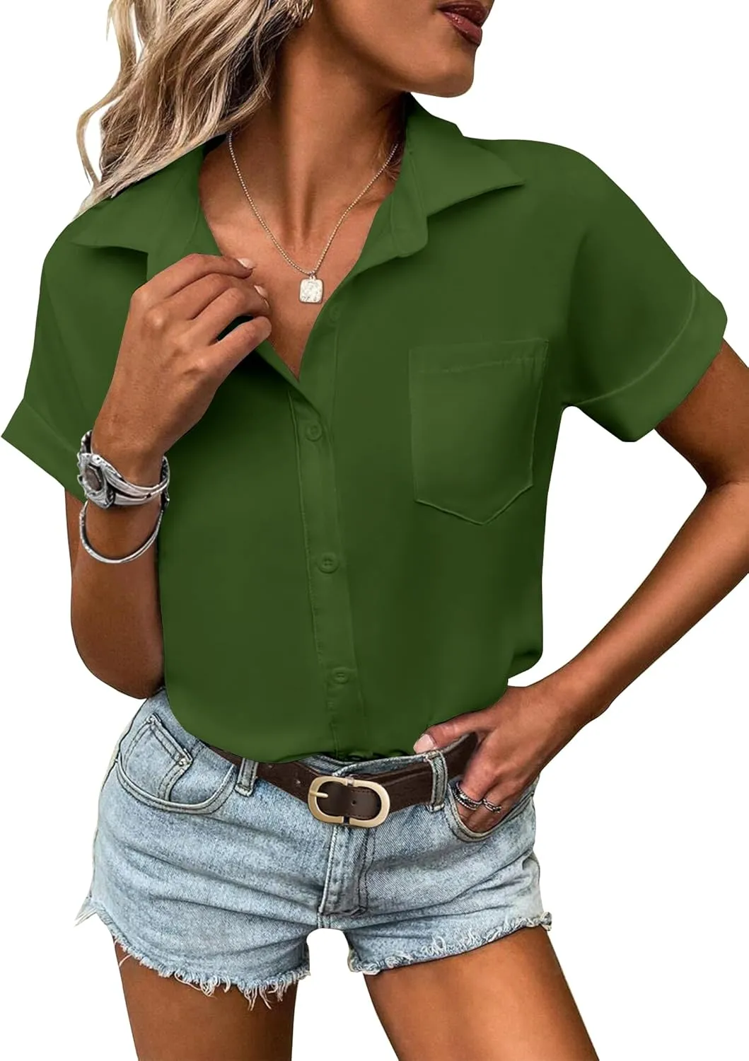 HOTOUCH Women Waterproof Button Down Shirt Solid Work Business Blouse Stain-Resistant Short Sleeve Tops