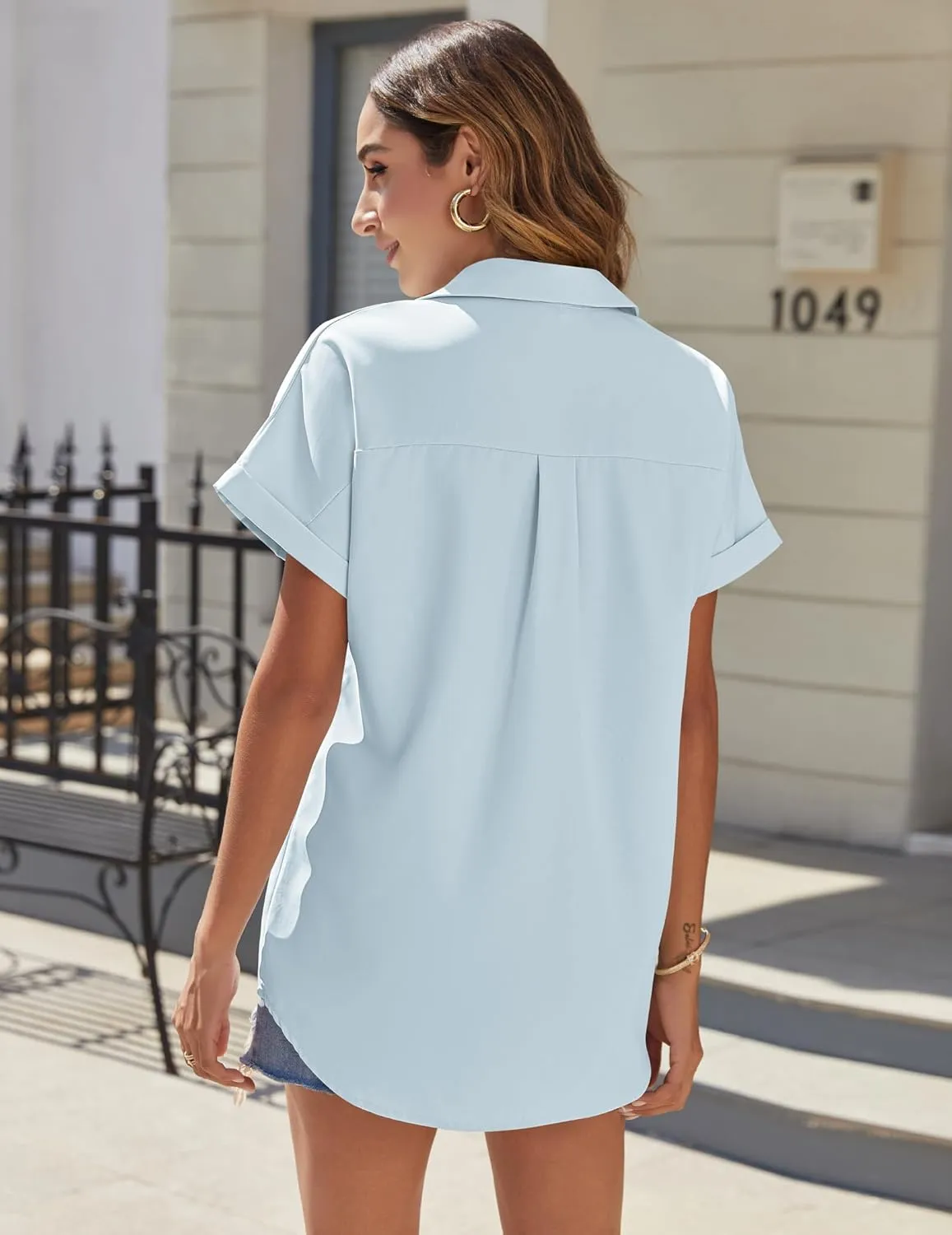 HOTOUCH Women Waterproof Button Down Shirt Solid Work Business Blouse Stain-Resistant Short Sleeve Tops