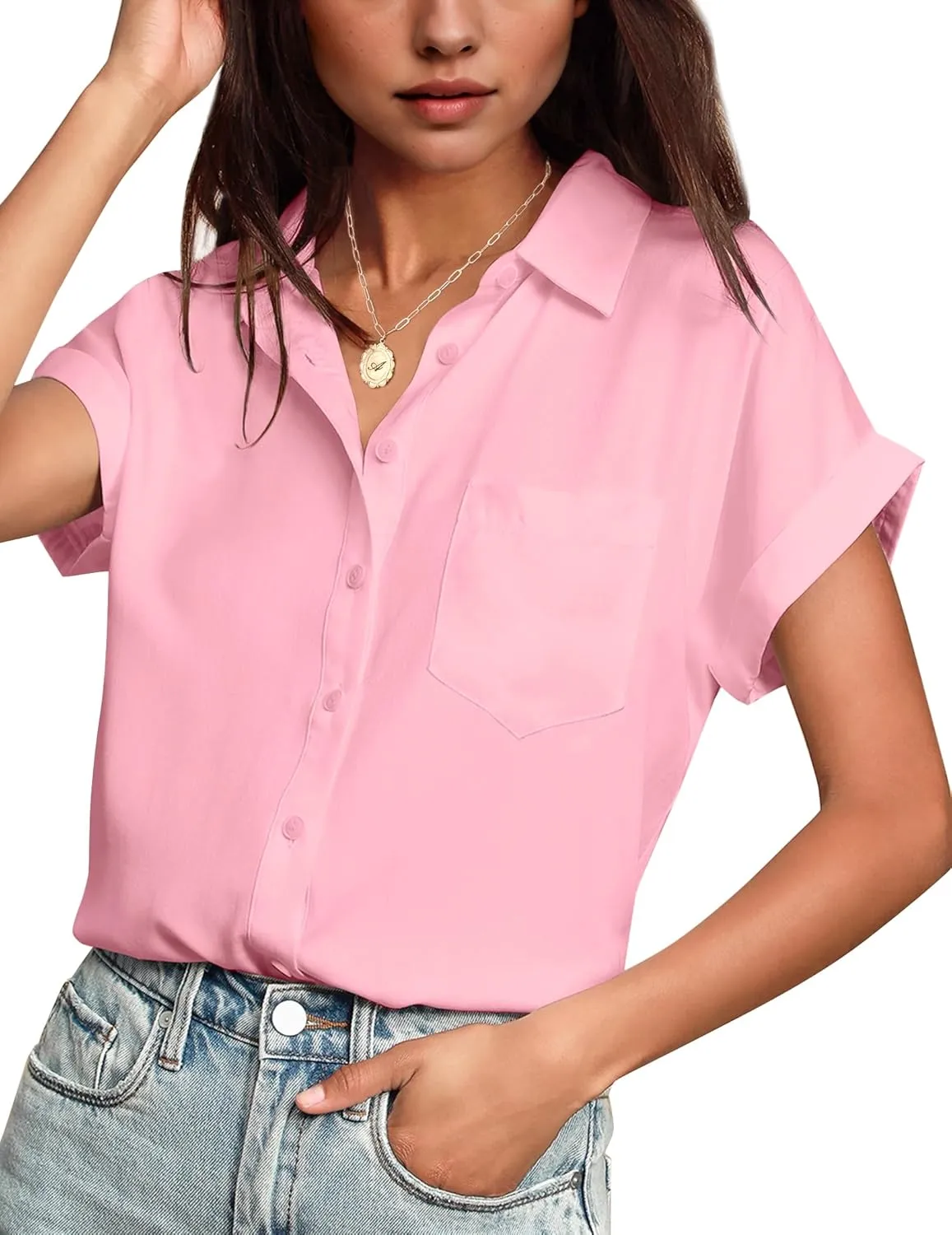 HOTOUCH Women Waterproof Button Down Shirt Solid Work Business Blouse Stain-Resistant Short Sleeve Tops
