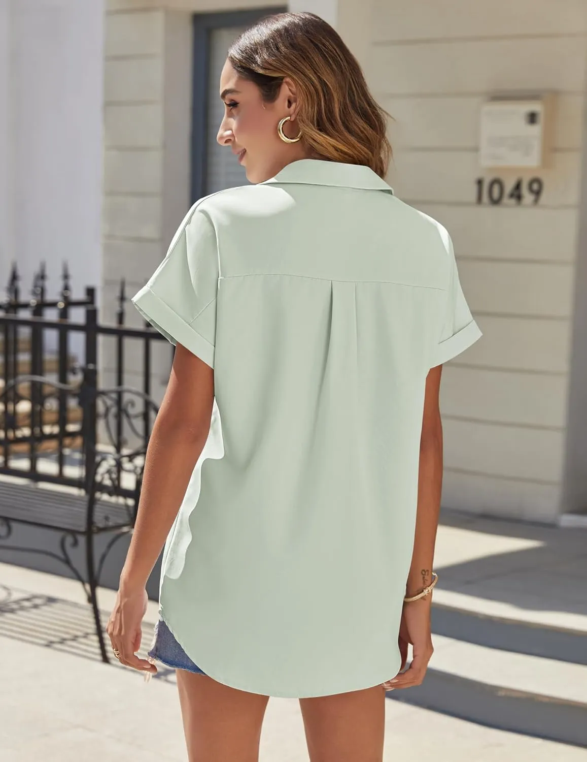 HOTOUCH Women Waterproof Button Down Shirt Solid Work Business Blouse Stain-Resistant Short Sleeve Tops