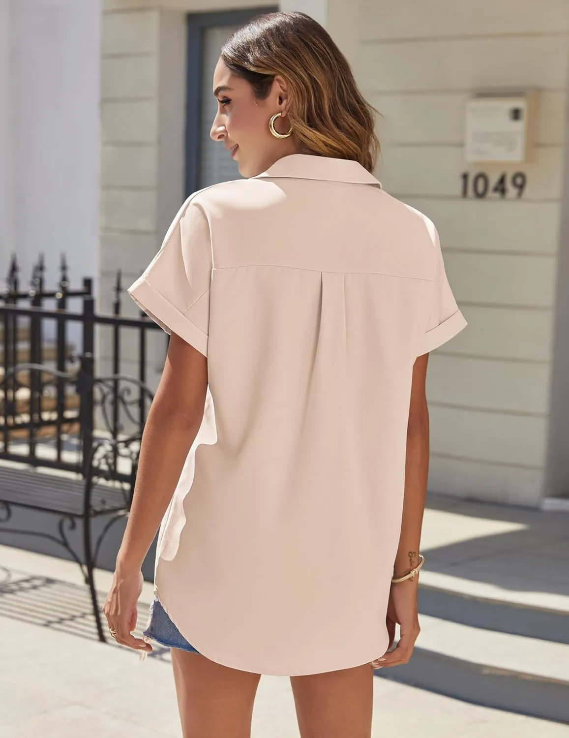 HOTOUCH Women Waterproof Button Down Shirt Solid Work Business Blouse Stain-Resistant Short Sleeve Tops