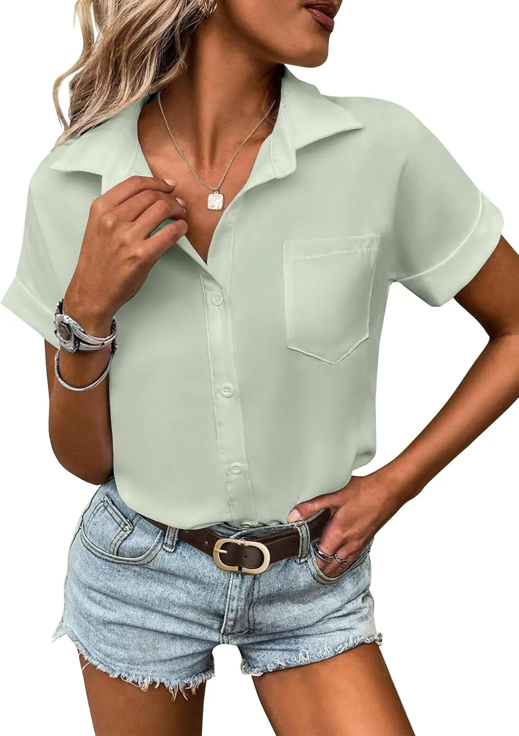 HOTOUCH Women Waterproof Button Down Shirt Solid Work Business Blouse Stain-Resistant Short Sleeve Tops