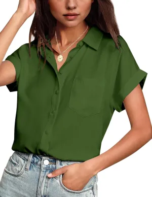 HOTOUCH Women Waterproof Button Down Shirt Solid Work Business Blouse Stain-Resistant Short Sleeve Tops