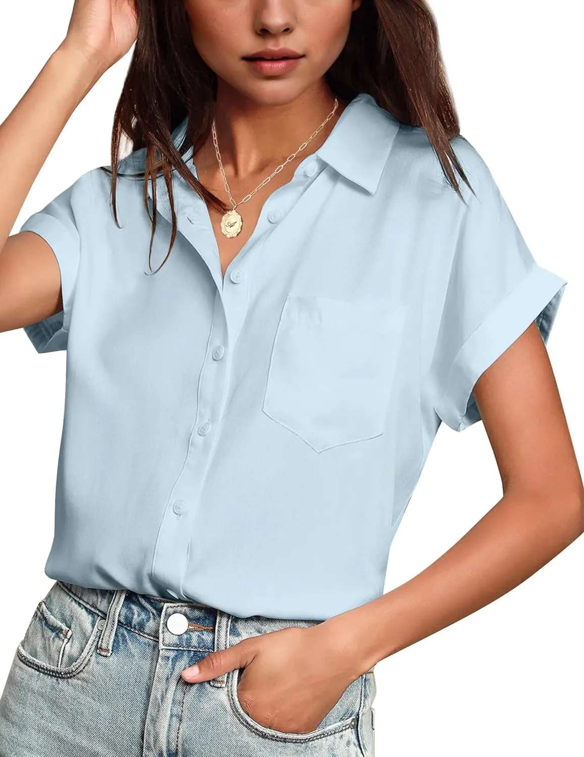 HOTOUCH Women Waterproof Button Down Shirt Solid Work Business Blouse Stain-Resistant Short Sleeve Tops