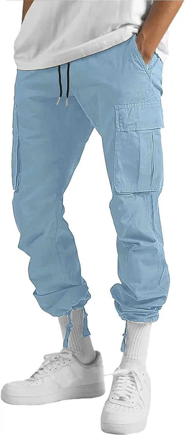 HUNGSON Mens Cargo Pants Drawstring Casual Hiking Pants Joggers Athletic Trousers Cotton Loose Straight Sweatpants for Men