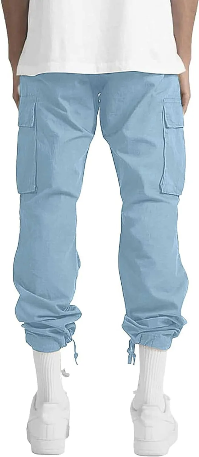 HUNGSON Mens Cargo Pants Drawstring Casual Hiking Pants Joggers Athletic Trousers Cotton Loose Straight Sweatpants for Men
