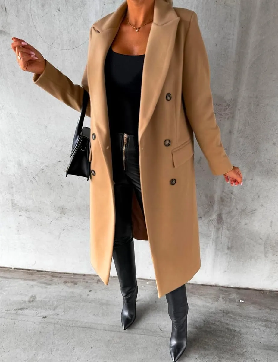 IDEALSANXUN Womens Long Wool Coat Double Breasted Trench Coat Fall Winter Clothes