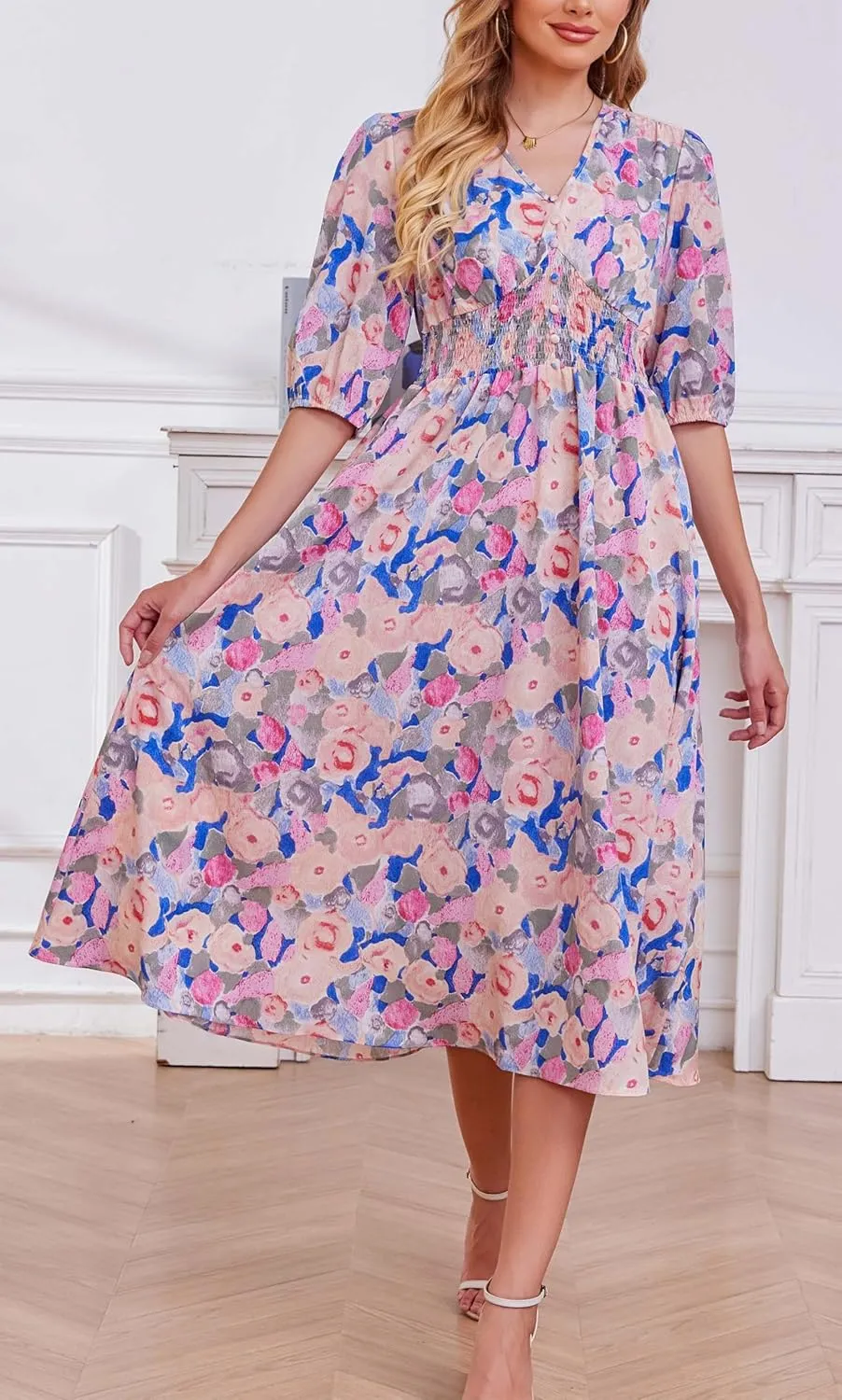 Kormei Women Casual Boho V Neck 3/4 Sleeve Smocked Waist A Line Flowy Swing Midi Dress Smocked Long Dress