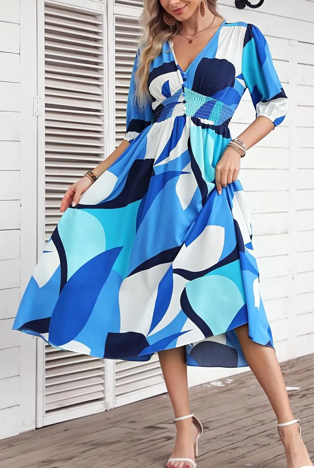 Kormei Women Casual Boho V Neck 3/4 Sleeve Smocked Waist A Line Flowy Swing Midi Dress Smocked Long Dress