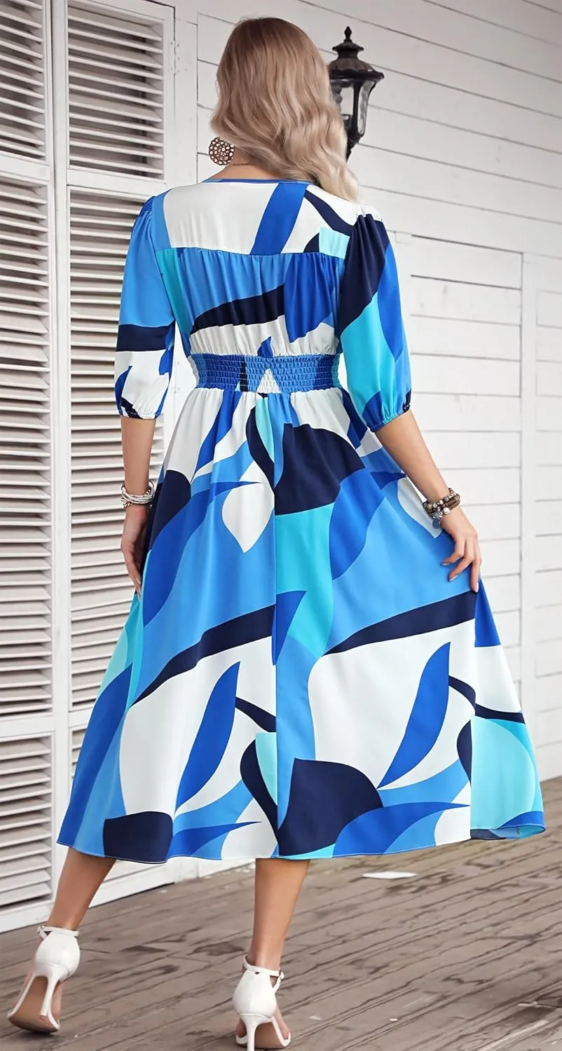 Kormei Women Casual Boho V Neck 3/4 Sleeve Smocked Waist A Line Flowy Swing Midi Dress Smocked Long Dress