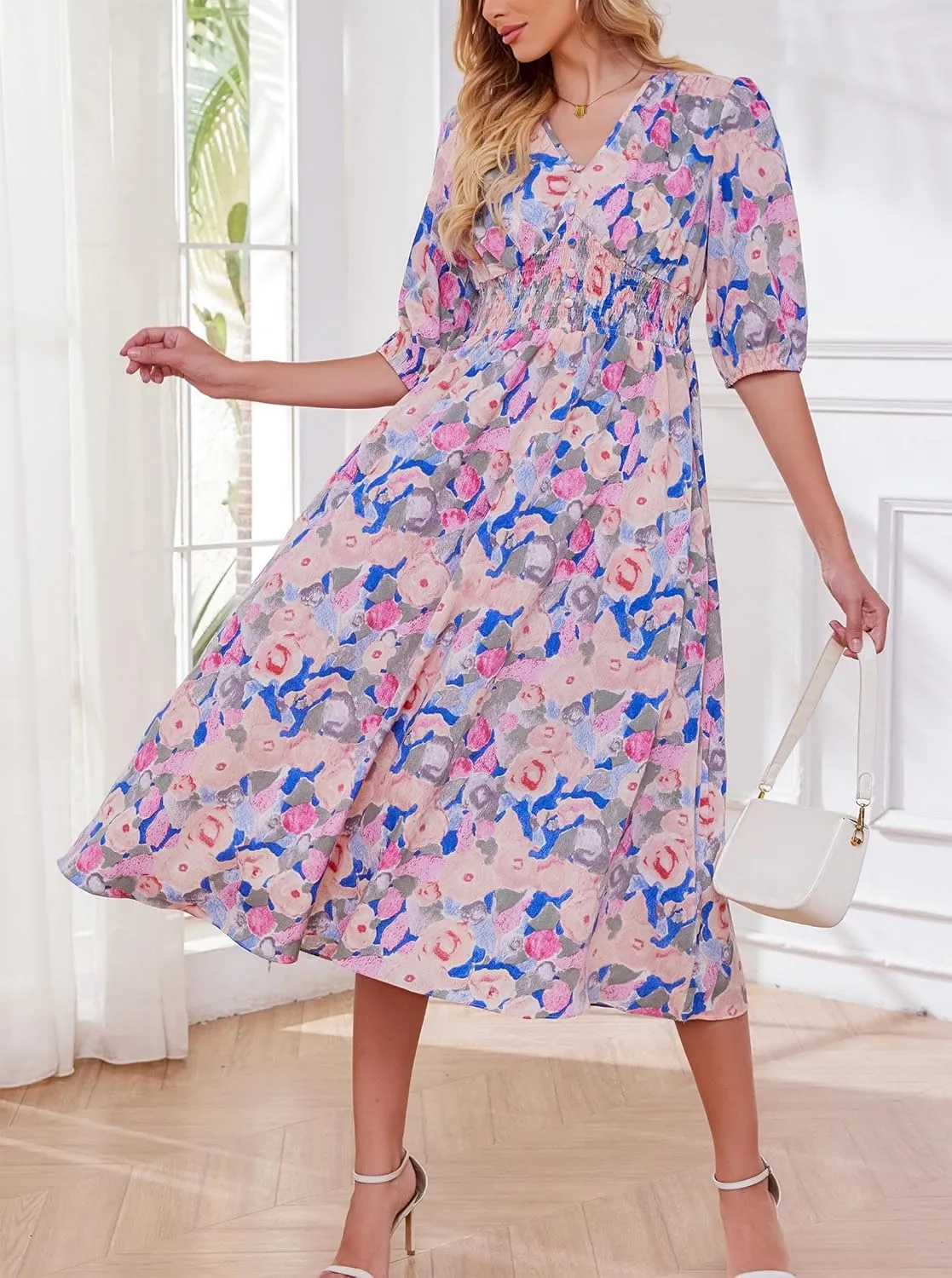 Kormei Women Casual Boho V Neck 3/4 Sleeve Smocked Waist A Line Flowy Swing Midi Dress Smocked Long Dress