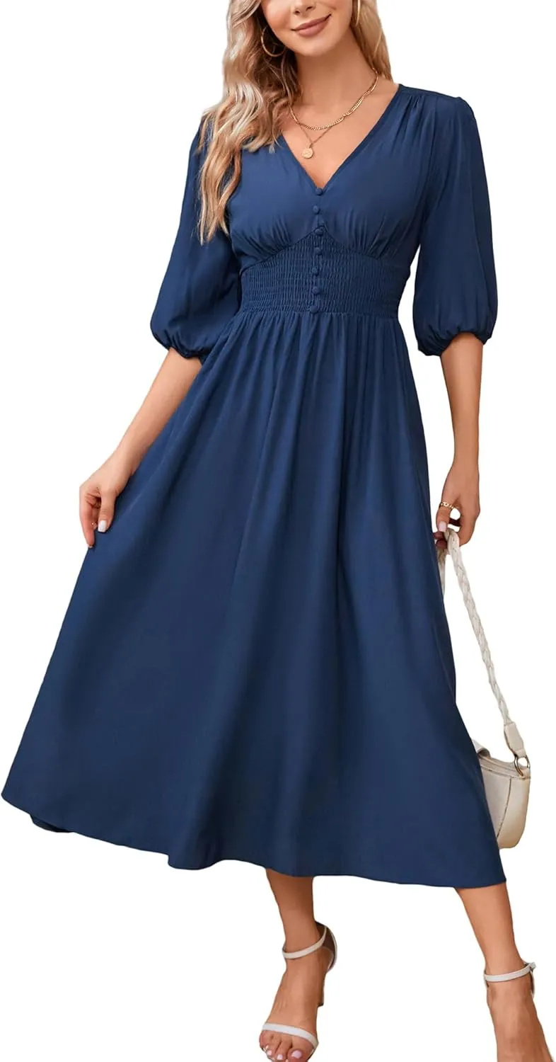Kormei Women Casual Boho V Neck 3/4 Sleeve Smocked Waist A Line Flowy Swing Midi Dress Smocked Long Dress