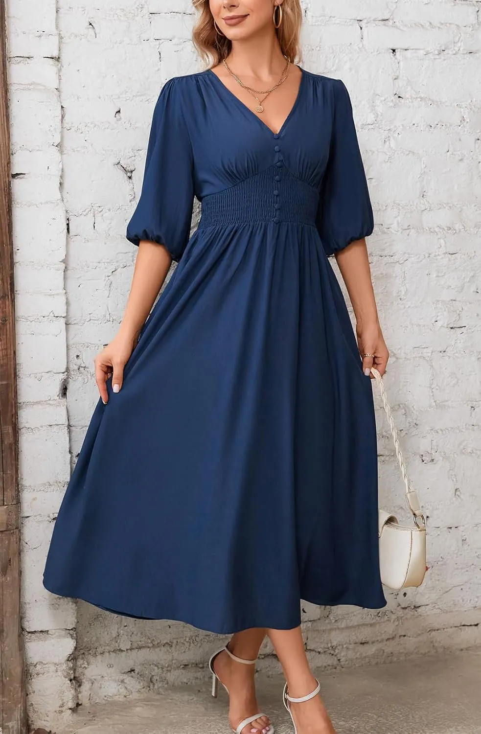 Kormei Women Casual Boho V Neck 3/4 Sleeve Smocked Waist A Line Flowy Swing Midi Dress Smocked Long Dress
