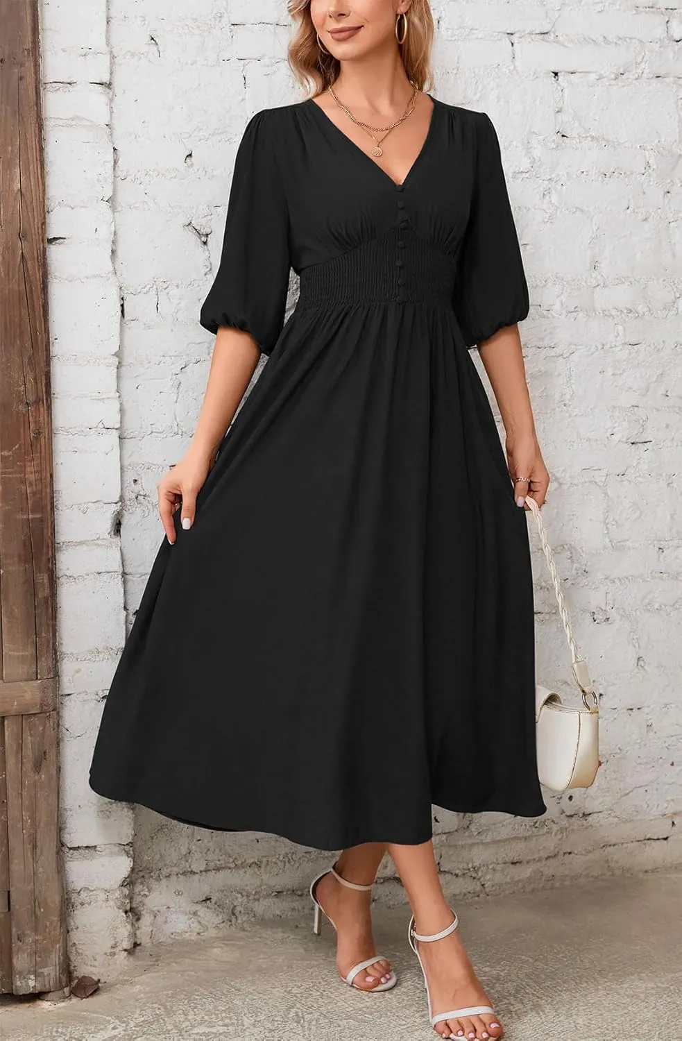 Kormei Women Casual Boho V Neck 3/4 Sleeve Smocked Waist A Line Flowy Swing Midi Dress Smocked Long Dress