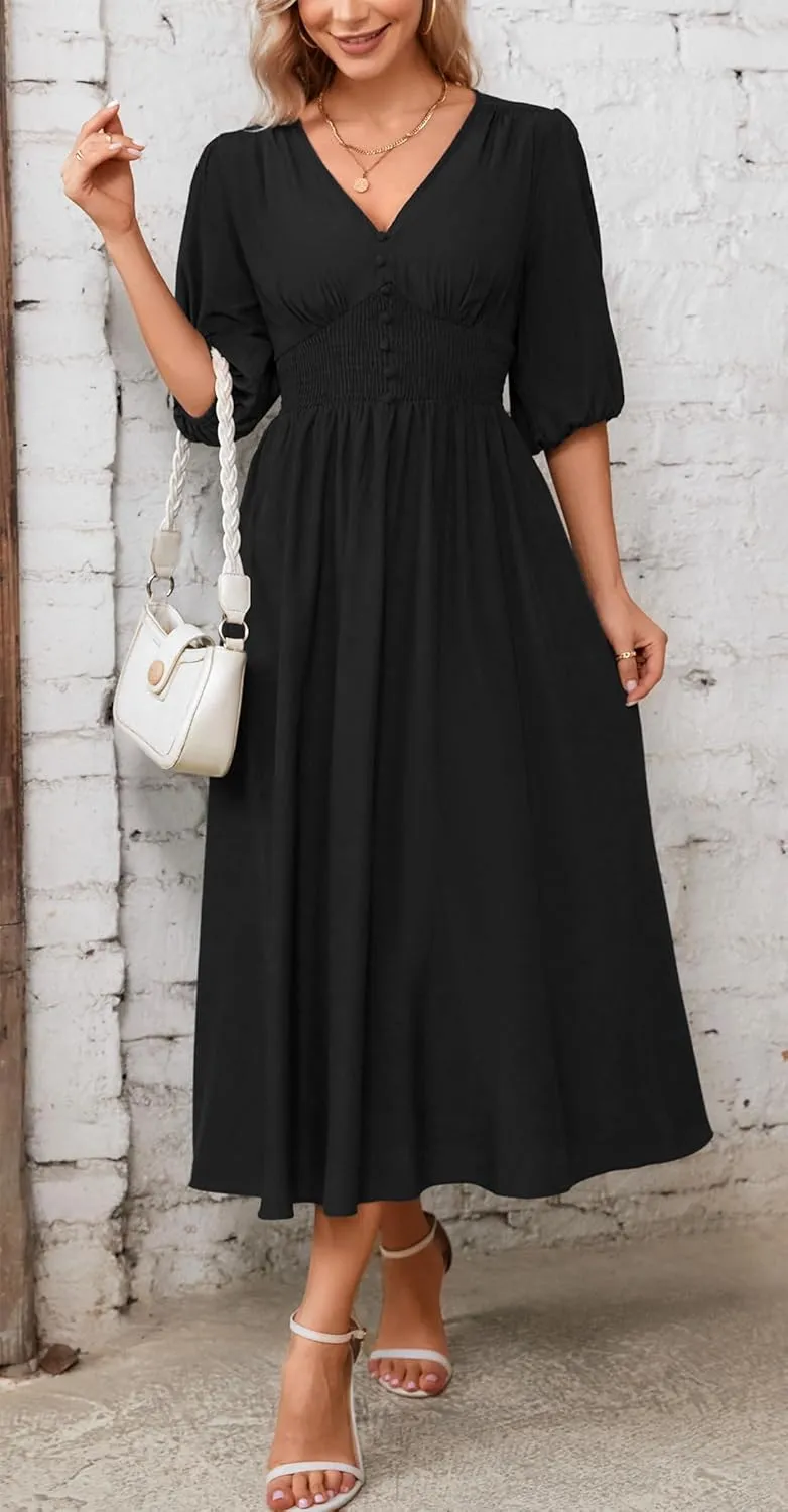 Kormei Women Casual Boho V Neck 3/4 Sleeve Smocked Waist A Line Flowy Swing Midi Dress Smocked Long Dress