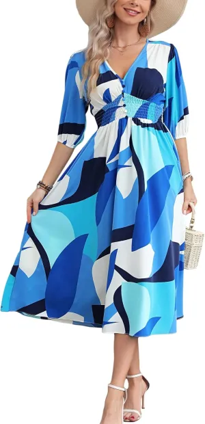 Kormei Women Casual Boho V Neck 3/4 Sleeve Smocked Waist A Line Flowy Swing Midi Dress Smocked Long Dress