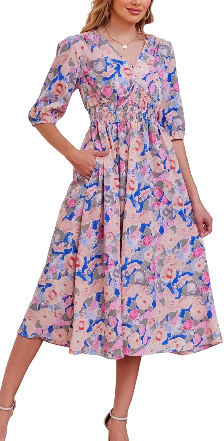 Kormei Women Casual Boho V Neck 3/4 Sleeve Smocked Waist A Line Flowy Swing Midi Dress Smocked Long Dress