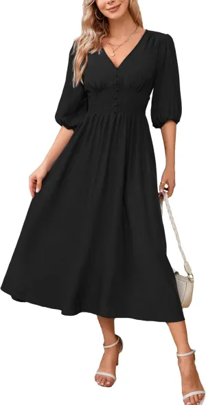 Kormei Women Casual Boho V Neck 3/4 Sleeve Smocked Waist A Line Flowy Swing Midi Dress Smocked Long Dress