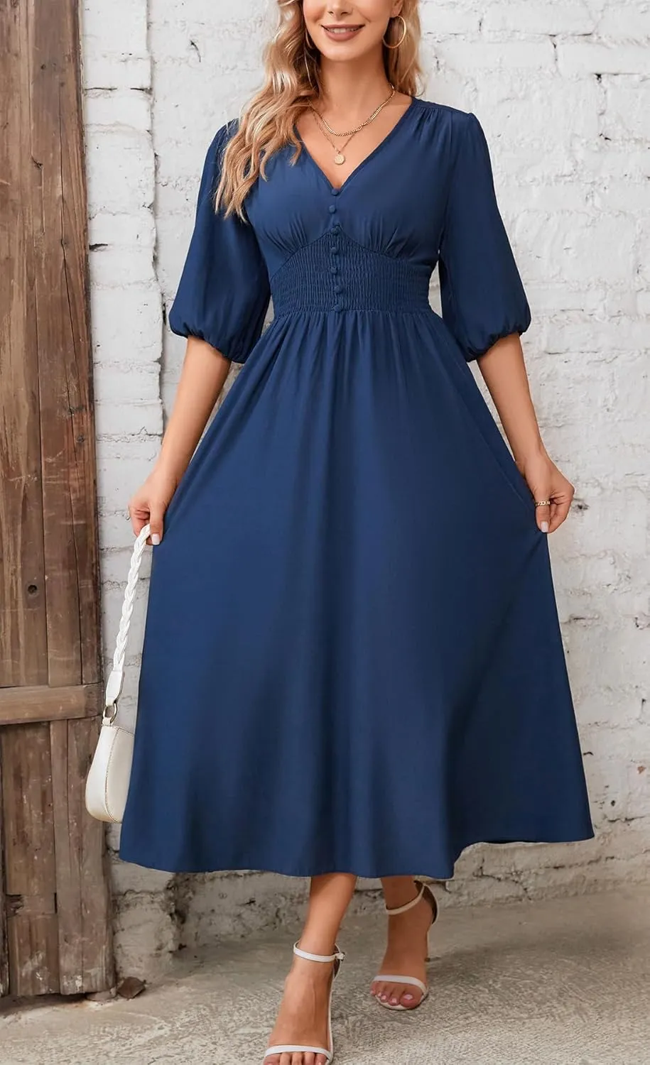 Kormei Women Casual Boho V Neck 3/4 Sleeve Smocked Waist A Line Flowy Swing Midi Dress Smocked Long Dress