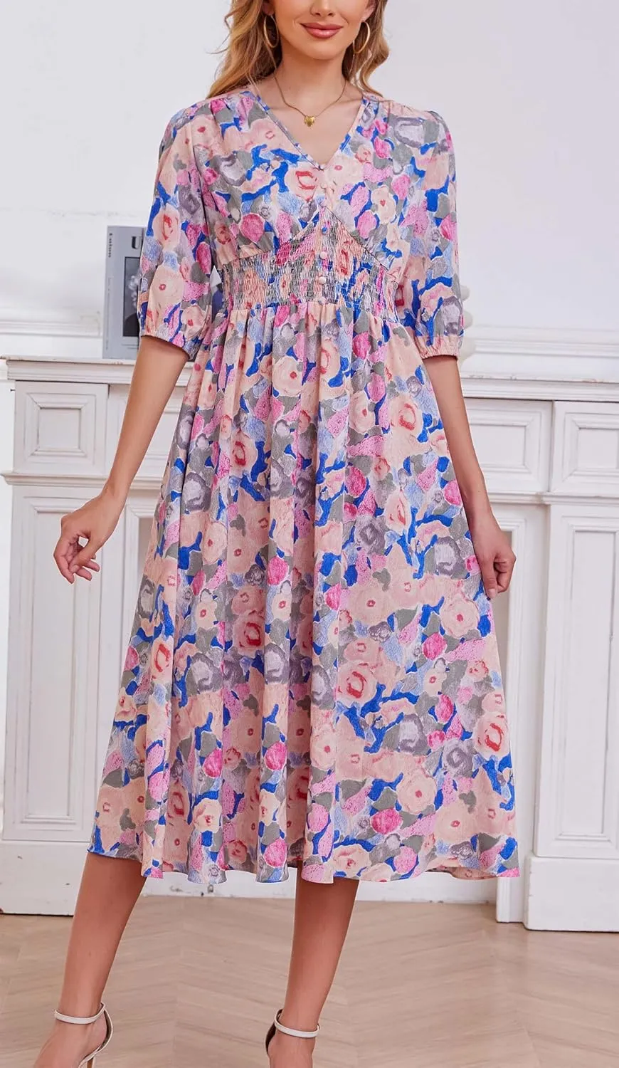 Kormei Women Casual Boho V Neck 3/4 Sleeve Smocked Waist A Line Flowy Swing Midi Dress Smocked Long Dress