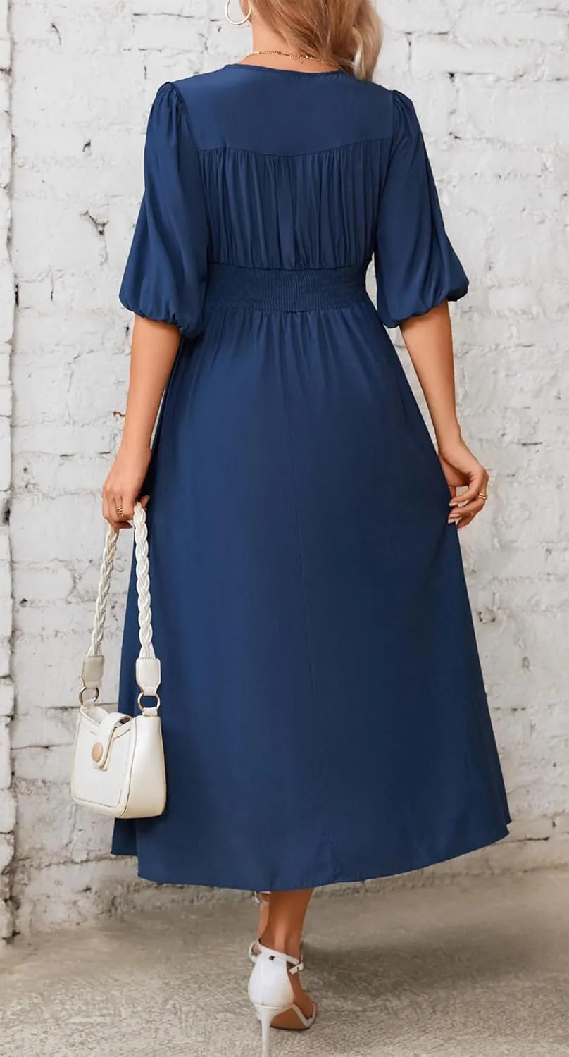 Kormei Women Casual Boho V Neck 3/4 Sleeve Smocked Waist A Line Flowy Swing Midi Dress Smocked Long Dress