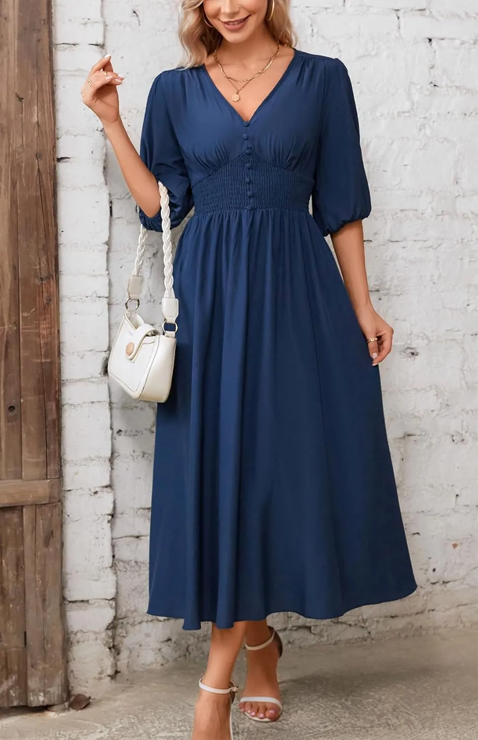 Kormei Women Casual Boho V Neck 3/4 Sleeve Smocked Waist A Line Flowy Swing Midi Dress Smocked Long Dress