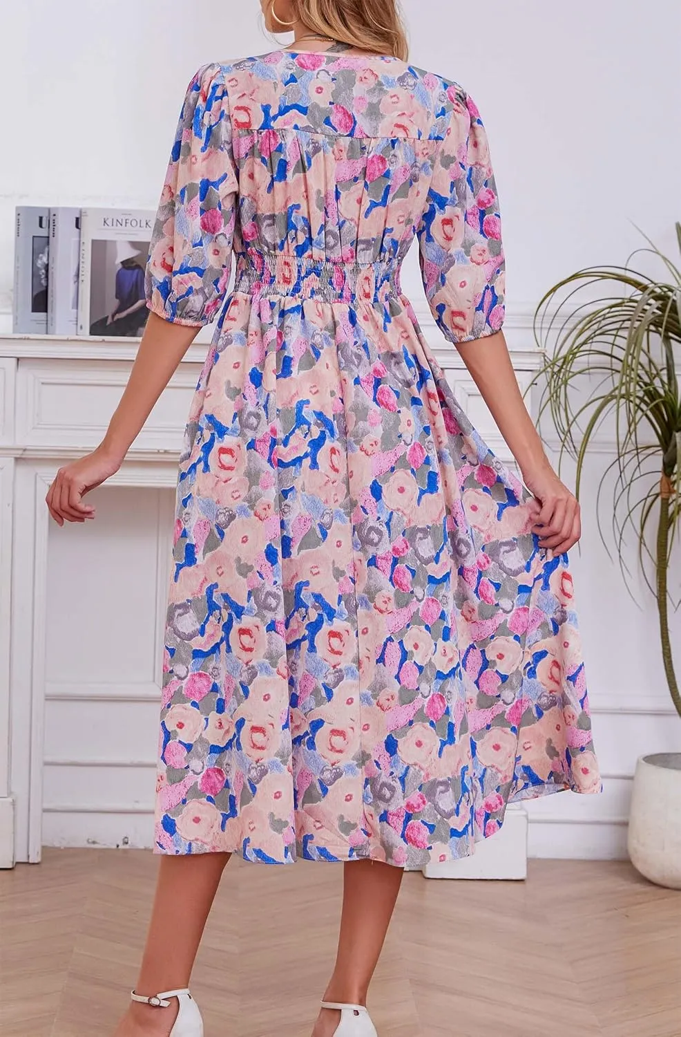 Kormei Women Casual Boho V Neck 3/4 Sleeve Smocked Waist A Line Flowy Swing Midi Dress Smocked Long Dress