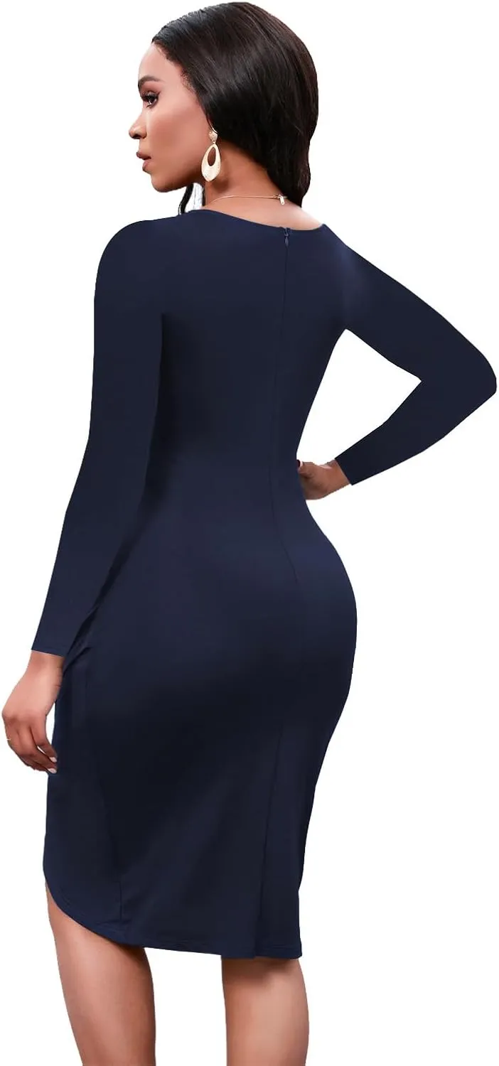 LaiyiVic Women's Bodycon Midi Dress Long Sleeve 2024 Sexy V Neck Ruched Wrap Wedding Guest Formal Club Dresses