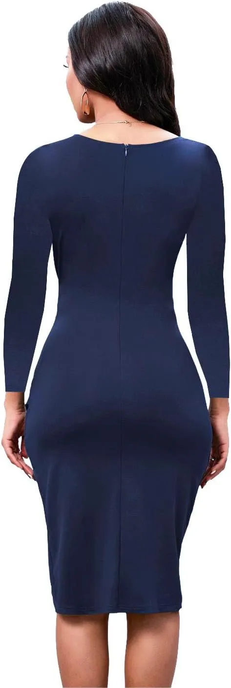 LaiyiVic Women's Bodycon Midi Dress Long Sleeve 2024 Sexy V Neck Ruched Wrap Wedding Guest Formal Club Dresses