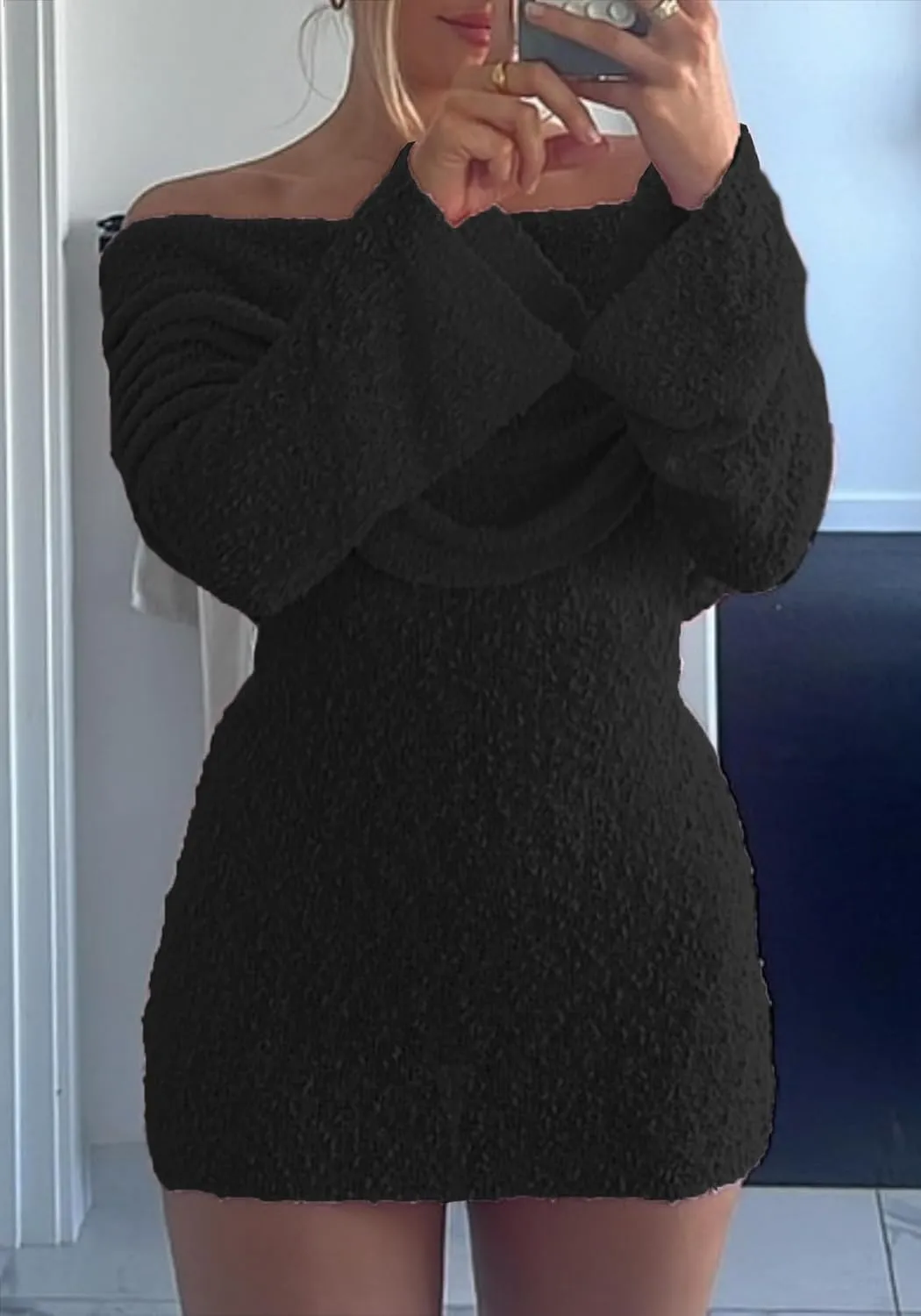 LETSVDO Women's Off Shoulder Mini Dress Bodycon Long Sleeve Knit Crochet Sexy Party Sweater Dresses
