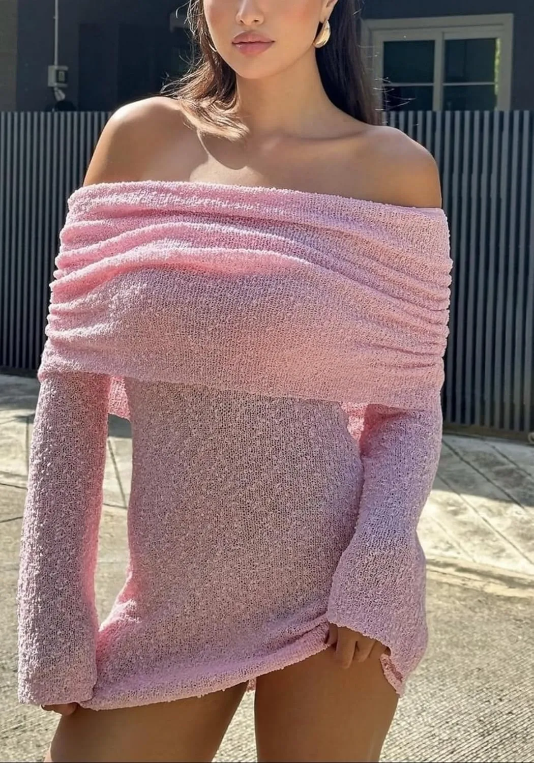 LETSVDO Women's Off Shoulder Mini Dress Bodycon Long Sleeve Knit Crochet Sexy Party Sweater Dresses